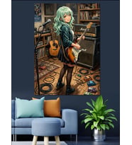 Elektro Gitar Çalan Modern Genç Kız Dekoratif Kanvas - Mdf Ahşap Tablo