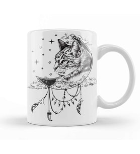 Boho Cat in Moon Kupa Bardak Porselen
