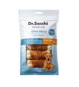 Dr.Sacchi Premium Tavuk Sargılı Beyaz Sığır Derisi Pres Kemik Tahılsız Köpek Ödülü 3” 5'li 115 Gr (Krem)