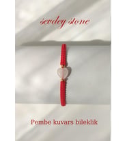 Sevdey Stone kalp pembe kuvars taşlı makrome bayan el işçiliği bileklik (Kırmızı-Pembe)