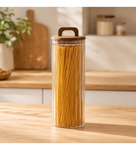 Akasya Kapaklı Cam Kavanoz 1550 ml, Şeffaf Çizgili Cam Saklama Kavanozu, Ahşap Kulplu Kapaklı Mutfak Düzenleyici, Makarna Spagetti Bakliyat Kahve Kuruyemiş Kuru Gıda Saklama Kabı