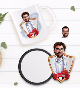 BK Gift Kişiye Özel Erkek Acil Tıp Teknisyeni Karikatürlü Beyaz Kupa ve Ahşap Bardak Altlığı Hediye Seti-1
