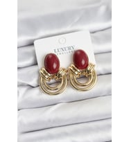Pirinç Gold Renk Bordo Taşlı Vintage Kadın Küpe - TJ-BKP11356