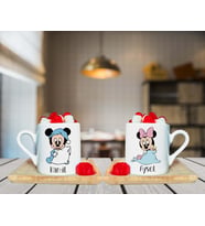 Mickey Mouse & Minnie Mouse  Tasarımlı Çift Ahşap Tabaklı Kişiye Özel Türk Kahvesi Fincanı Seti