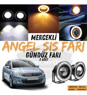 Citroen C Elysee 2012-2023 Uyumlu Mercekli Angel Sis Farı Metal 76 mm Turuncu Halkalı Gündüz Farı