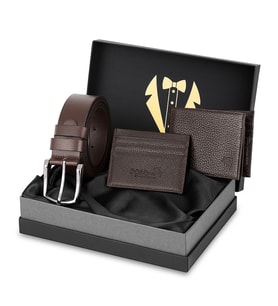 Polo Air Erkek Damat Çeyiz Bohçası %100 Hakiki Deri Cüzdan Kartlık Kemer Seti Kahverengi Renk DM-8002-K (Kahverengi)