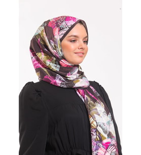 Çiçekli Desen Elegante Seri Şal Eşarp Askısı İle Birlikte 75x200 Siyah Pembe Hak