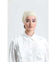 Bej Arkadan Bağlamalı Tesettür Bone Penye Kumaş Düz Bone 1011_12