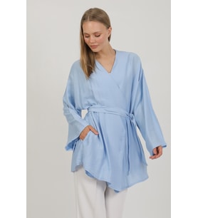 Doğal Viskon Kumaş Cepli Kemerli Kadın Kimono 1168 – Yakasız, Hafif, Dökümlü, Yazlık Model (Mavi)