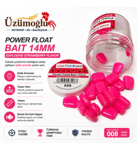ÜZÜMOĞLU Lion Fish Brand Power Float Bait 14mm Çilek Aromalı Yüzen Sazan Yemi Pop-Up Yem Pembe 008