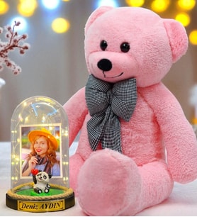 Sizlere Özel Premium Hediye Seti  Led Işıklı Fanus ve 80 cm Büyük Boy Pembe Peluş Ayıcık (Model 1)