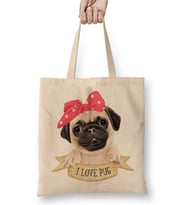 I Love Pug Köpek Bez Çanta Uzun Saplı