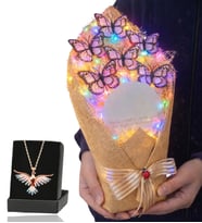 Renkli Led Işıklı Aynalı Kelebek Buketi ve Renkli Zümrüdü Anka Kuşu Kolye (Beyaz)