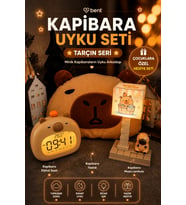 Kapibara Uyku Seti Çocuk Hediye Seti Şarjlı Dijital Saat Alarm Özellikli Şarjlı Kapibara Masa Lambası Peluş Yastık 3'lü Set Tarçın Seri