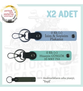 Motosiklet Severlere İsim Plaka ve 0 + Kan Grubu Yazılı Özel Tasarım x2 Anahtarlık, Mavi-Turkuaz-Ysl (Çok Renkli)
