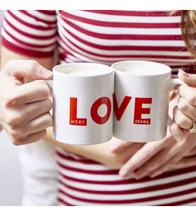 Sevgiliye Kişiye Özel Hediye Love Kupa (2 Adet) (Beyaz - Kırmızı)