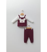 Babyhola Ayıcık Figürlü Erkek Kız Bebek Uzun Kollu Body Pantolon 2'li Alt Üst Takım 13569 (Bordo)