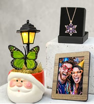 Noel Baba Masa Lambası, Gerçek Ametist Taşlı Lotus Kolye ve Fotoğraf Çerçevesi Hediye Seti