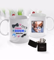 BK Gift Kişiye Özel Canım Dedem Tasarımlı Fotoğraflı Kupa Bardak ve Benzinli Çakmak Seti-1 (Model 1)