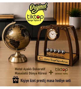 Kişiye Özel Newton Denge Topu + Metal Ayaklı Dekoratif Masaüstü Dünya Küresi 2' Lİ SET & Doğum Günü Hediyesi