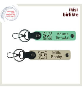 Kediyle Yaşayan Takımlere Ortak Hatıra, İsimli Anahtarlık Takımı x2’li, Açık Yeşil-Sütlü Kahve