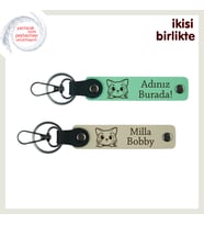 Kediyle Yaşayan Takımlere Ortak Hatıra, İsimli Anahtarlık Takımı x2’li, Açık Yeşil-Sütlü Kahve