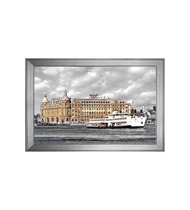 Haydarpaşa Tren Garı ve Vapur Motifli Kanvas Tablo 50 x 70 cm Silver Çerçeve