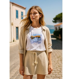Kadın Bisiklet Yaka %100 Pamuk Foça Baskılı Kısa Kollu T-Shirt