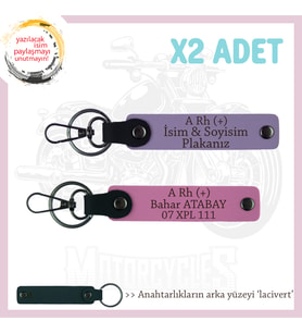 Motor Severlere Özel, İsim Plaka ve A Rh (+) Kan Grubu Yazılı x2'li Anahtarlık Takım, Mor-Pembe-Laci