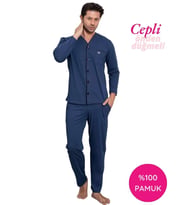 Guava Erkek V Yaka Öden Düğmeli Göğüs Cepli %100 Pamuk Uzun Kol Cepli Pijama Takımı-Dede Hastane Pijaması (İndigo)