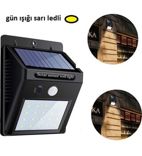 Sarı Gün Işıklı Solar Lamba - 20 LED - Dış Mekan Duvar Tipi