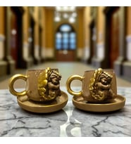 4 Parça Melekli Yaldızlı 3D Kabartmalı El Yapımı Seramik Vintage Kahve Fincanı Takımı (Kahverengi)