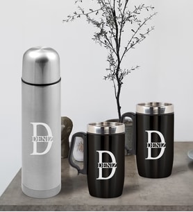 BK Gift Kişiye Özel 500 ml Deri Çantalı Krom Seyahat Termosu ve İkili Termos Mug Hediye Seti - 3