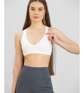 Aurafit Fitilli Derin U Yaka Kalın İp Askılı Arkası Çapraz Büstiyer/Croptop - 9044 (Beyaz)