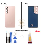 Samsung Galaxy S26 Pembe Renk Lensli Arka Kapak + Tamir Seti + B7000 Yapıştırıcı Arka Cam Batarya Kapağı Pil Kapağı Lazer Kesim Back Cover Galaxy S26 Uyumlu