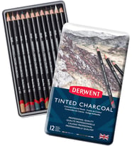 Derwent Tınted Charcoal Renkli Füzen Kalem - 12 Renk Metal Kutulu