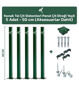 KONAK TEL ÇİT SİSTEMLERİ 5 ADET PANEL ÇİT DİREĞİ 50 CM AKSESUARLAR DAHİL (Yeşil)