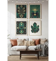 Zümrüt ve Altın 4’lü Ahşap Çerçeveli Tablo Seti - Art Deco Salon Dekoru