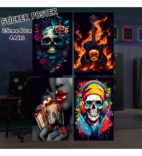 dj iskelet dolar kırmızı rujlu kadın - 4 adet yapışkanlı poster sticker etiketler - dolap cam oda için