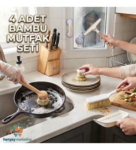 4 Adet Ahpaş Saplı Bambu Mutfak Temizlik Fırçaları Bulaşık Fırçası Çekçek Tezgah Süpürgesi Çok Amaçlı Bambu Temizlik Seti