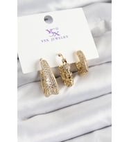 Pirinç Zİrkon Taşlı Halka Model Gold Renk 3'lü Kadın Küpe (Çok Renkli)