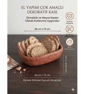 El Yapımı Çok Amaçlı Ekmek ve Meyve Kasesi - Dekoratif Sunum Kabı, Eşsiz Artisan Doku (26x13 cm)
