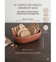 El Yapımı Çok Amaçlı Ekmek ve Meyve Kasesi - Dekoratif Sunum Kabı, Eşsiz Artisan Doku (26x13 cm)