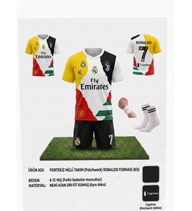 Cristiano Ronaldo Tüm Takımlar Görsel Konsepti Özel Tasarım Çocuk Forması 4 Parça Forma+Şort+Çorap+Biliklik