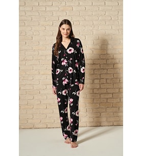 Kadın Önden Düğmeli Alt Üst Çiçek Desenli Uzun Kollu Pijama Takımı (Renksiz)