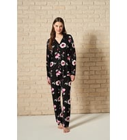 Kadın Önden Düğmeli Alt Üst Çiçek Desenli Uzun Kollu Pijama Takımı (Renksiz)