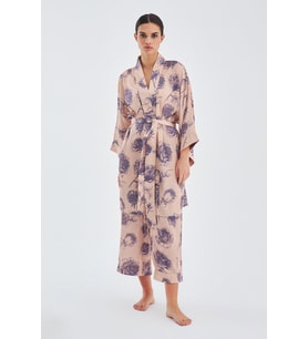 Peraluna ROSA KIMONO Gül Desenli Diz Hizası 90 CM Saten Kadın Kimono - Koyu Pudra/Mor