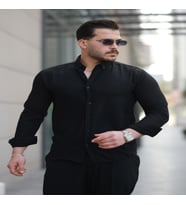 Mero Life Erkek Basic %100 Pamuklu Dökümlü Kumaş Uzun Kollu Salaş Gömlek (Siyah)