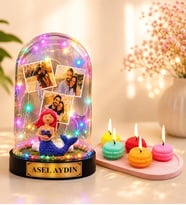 Kişiye Özel Yazılı 3 Fotoğraflı Renkli LED Işıklı Fanus (denizkızı) ve 5'li Kokulu Makaron Mum Seti
