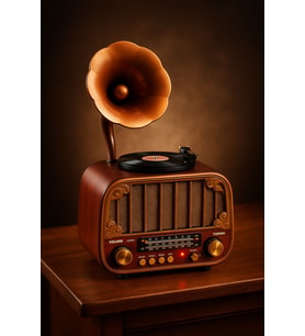 MD-1318BT Gramofon Görünümlü Bluetooth Hoparlör 3 Bant Nostaljik Radyo USB TF AUX Type-C Şarj